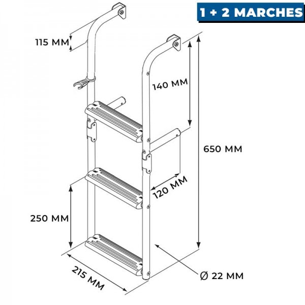Échelle de bain pliante à marches étroites Nuova Rade - crosses à 90° 1 + 2 marches dimensions - N°3 - comptoirnautique.com