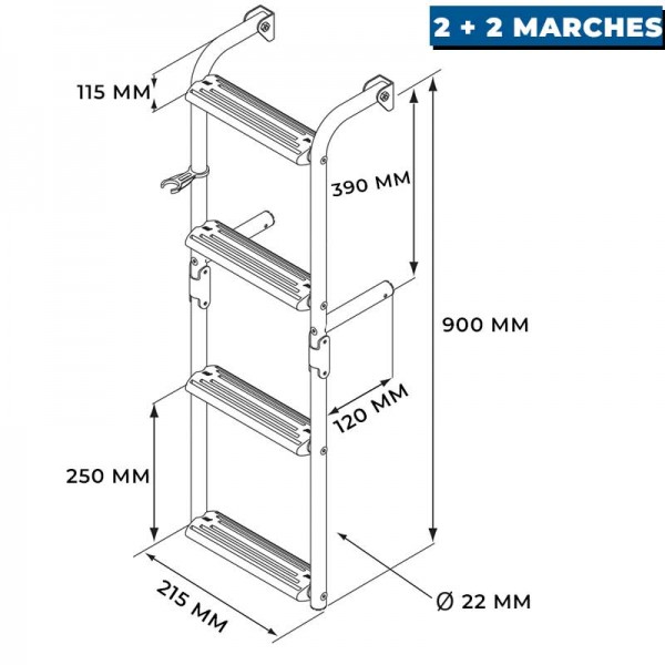 Échelle de bain pliante à marches étroites Nuova Rade - crosses à 90° 2 + 2 marches dimensions - N°5 - comptoirnautique.com