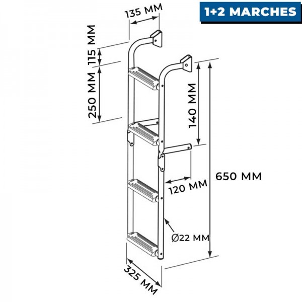 Échelle pliable Nuova Rade Inox - crosses à 90° 1 marche fixe + 2 pliables - N°2 - comptoirnautique.com