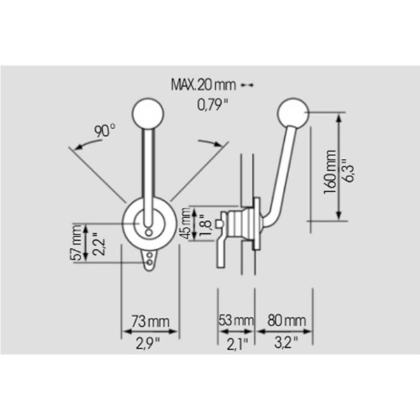 dimensions boîtier de commande mono-levier mono-fonction b35 ultraflex de face - N°5 - comptoirnautique.com